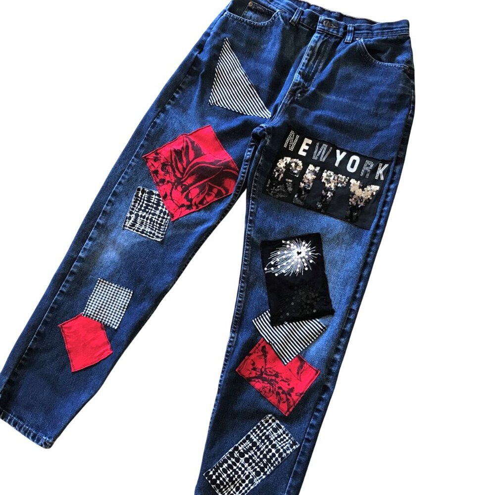 Patchwork Jeans for Women Upcycled New York Theme Sequined Denim Pants, Size 6
